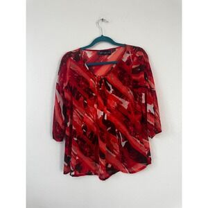 Susan Graver Style Abstract Print V Neck Tie Neck 3/4 Sleeve Sheer Blouse Top XS